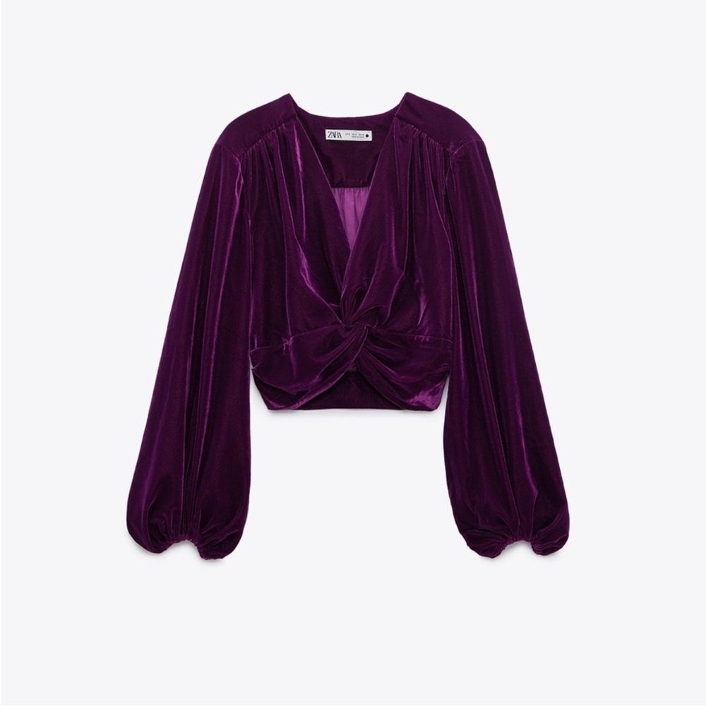 Zara purple velvet wrap crop top long sleeve